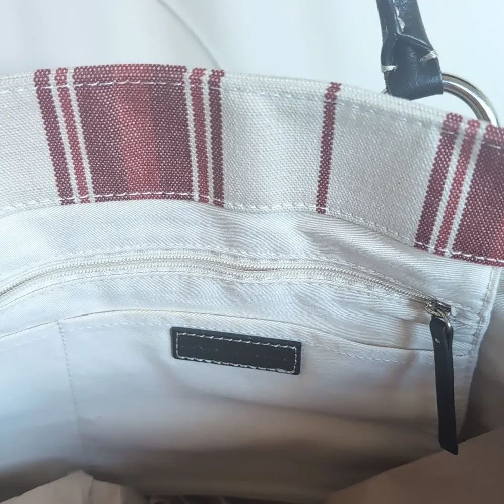 Banana Republic XL Striped Red & Cream Canvas Tote Bag w Black Leather Handles - Picture 12 of 17
